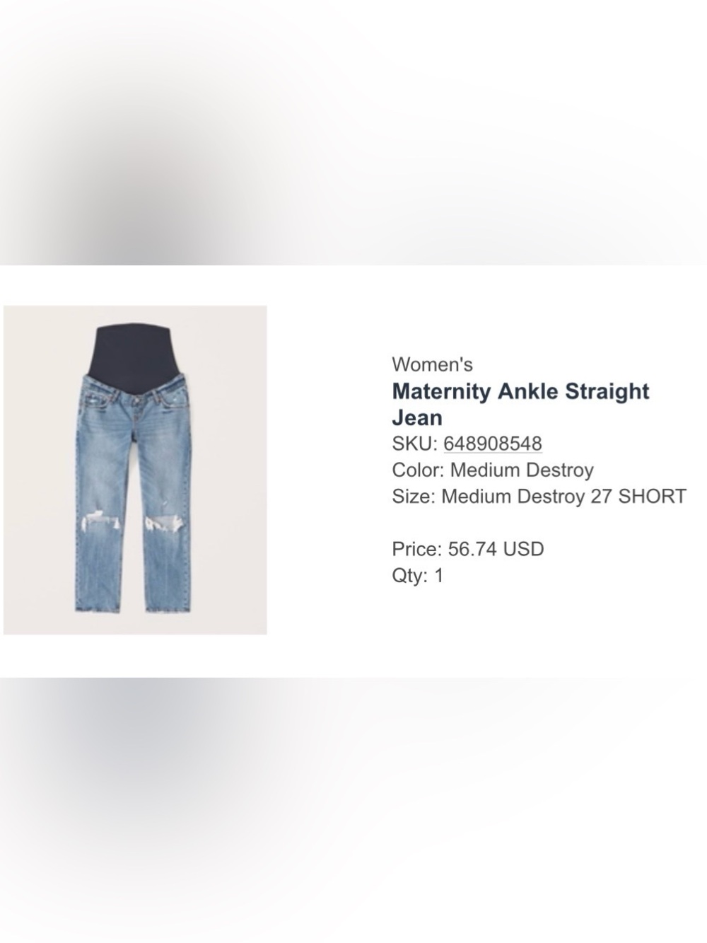 Abercrombie & Fitch Maternity Ankle Straight Jeans- Destroy Light Blue- Short